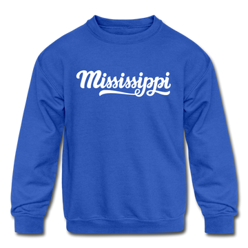 Mississippi Youth Sweatshirt - Hand Lettered Youth Mississippi Crewneck Sweatshirt - royal blue