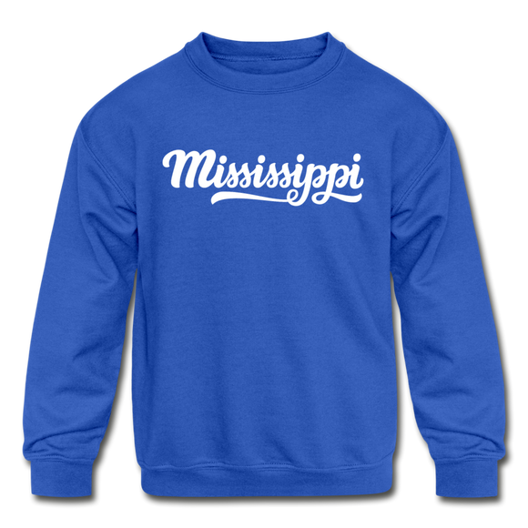 Mississippi Youth Sweatshirt - Hand Lettered Youth Mississippi Crewneck Sweatshirt - royal blue