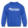 Mississippi Youth Sweatshirt - Hand Lettered Youth Mississippi Crewneck Sweatshirt - royal blue