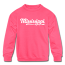 Mississippi Youth Sweatshirt - Hand Lettered Youth Mississippi Crewneck Sweatshirt - neon pink