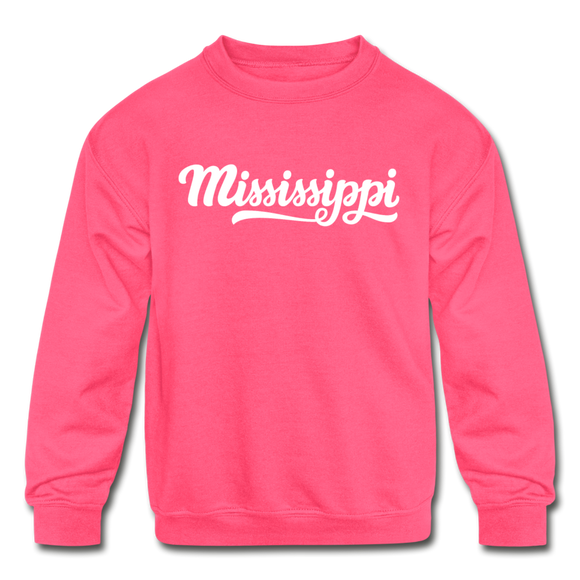 Mississippi Youth Sweatshirt - Hand Lettered Youth Mississippi Crewneck Sweatshirt - neon pink