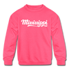 Mississippi Youth Sweatshirt - Hand Lettered Youth Mississippi Crewneck Sweatshirt - neon pink