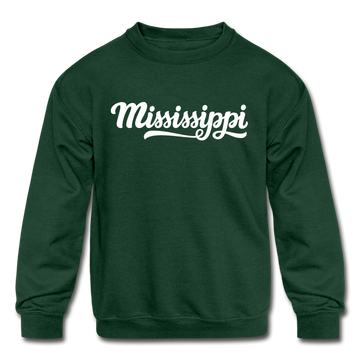 Mississippi Youth Sweatshirt - Hand Lettered Youth Mississippi Crewneck Sweatshirt - forest green