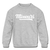 Missouri Youth Sweatshirt - Hand Lettered Youth Missouri Crewneck Sweatshirt - heather gray