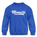 Missouri Youth Sweatshirt - Hand Lettered Youth Missouri Crewneck Sweatshirt - royal blue