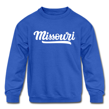 Missouri Youth Sweatshirt - Hand Lettered Youth Missouri Crewneck Sweatshirt - royal blue