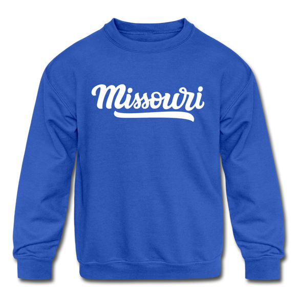 Missouri Youth Sweatshirt - Hand Lettered Youth Missouri Crewneck Sweatshirt - royal blue