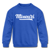 Missouri Youth Sweatshirt - Hand Lettered Youth Missouri Crewneck Sweatshirt - royal blue
