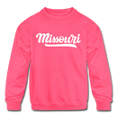 Missouri Youth Sweatshirt - Hand Lettered Youth Missouri Crewneck Sweatshirt - neon pink