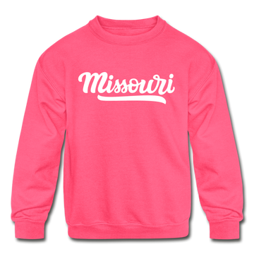 Missouri Youth Sweatshirt - Hand Lettered Youth Missouri Crewneck Sweatshirt - neon pink