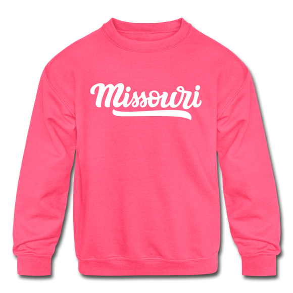 Missouri Youth Sweatshirt - Hand Lettered Youth Missouri Crewneck Sweatshirt - neon pink
