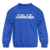 Nebraska Youth Sweatshirt - Hand Lettered Youth Nebraska Crewneck Sweatshirt - royal blue