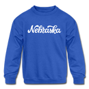Nebraska Youth Sweatshirt - Hand Lettered Youth Nebraska Crewneck Sweatshirt - royal blue