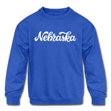 Nebraska Youth Sweatshirt - Hand Lettered Youth Nebraska Crewneck Sweatshirt - royal blue