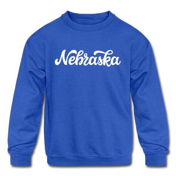 Nebraska Youth Sweatshirt - Hand Lettered Youth Nebraska Crewneck Sweatshirt - royal blue