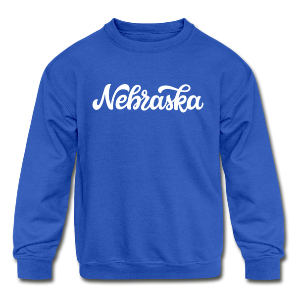 Nebraska Youth Sweatshirt - Hand Lettered Youth Nebraska Crewneck Sweatshirt - royal blue