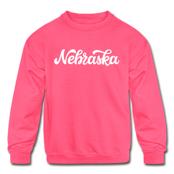 Nebraska Youth Sweatshirt - Hand Lettered Youth Nebraska Crewneck Sweatshirt - neon pink