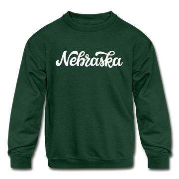 Nebraska Youth Sweatshirt - Hand Lettered Youth Nebraska Crewneck Sweatshirt - forest green
