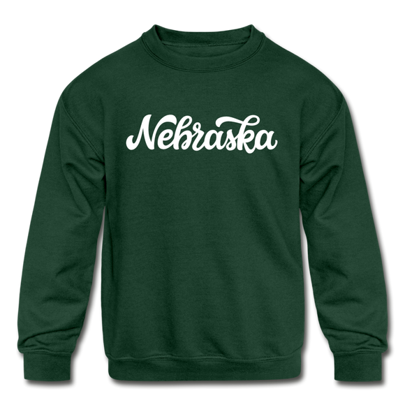 Nebraska Youth Sweatshirt - Hand Lettered Youth Nebraska Crewneck Sweatshirt - forest green
