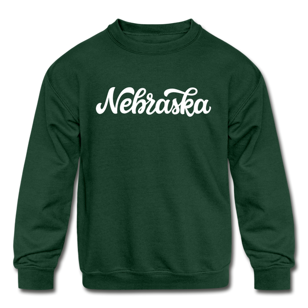 Nebraska Youth Sweatshirt - Hand Lettered Youth Nebraska Crewneck Sweatshirt - forest green