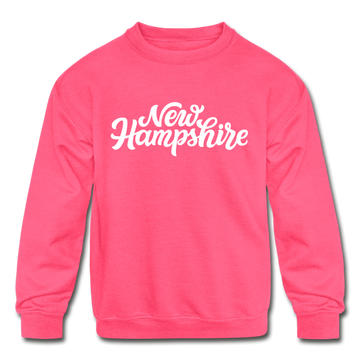 New Hampshire Youth Sweatshirt - Hand Lettered Youth New Hampshire Crewneck Sweatshirt - neon pink