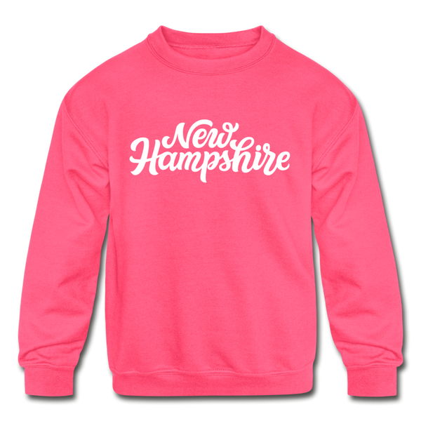 New Hampshire Youth Sweatshirt - Hand Lettered Youth New Hampshire Crewneck Sweatshirt - neon pink
