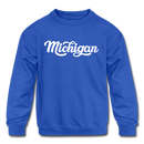Michigan Youth Sweatshirt - Hand Lettered Youth Michigan Crewneck Sweatshirt - royal blue