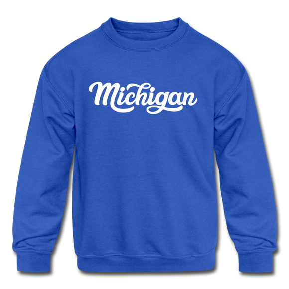 Michigan Youth Sweatshirt - Hand Lettered Youth Michigan Crewneck Sweatshirt - royal blue
