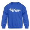 Michigan Youth Sweatshirt - Hand Lettered Youth Michigan Crewneck Sweatshirt - royal blue