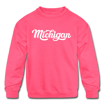 Michigan Youth Sweatshirt - Hand Lettered Youth Michigan Crewneck Sweatshirt - neon pink