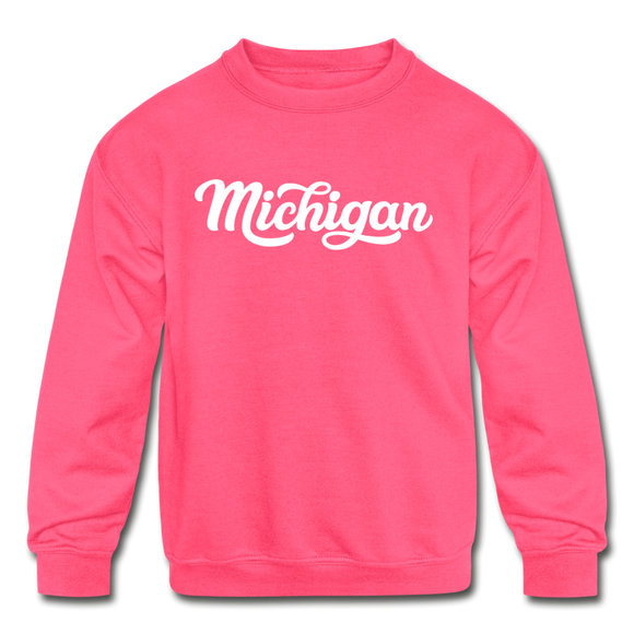Michigan Youth Sweatshirt - Hand Lettered Youth Michigan Crewneck Sweatshirt - neon pink