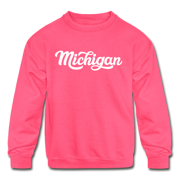 Michigan Youth Sweatshirt - Hand Lettered Youth Michigan Crewneck Sweatshirt - neon pink
