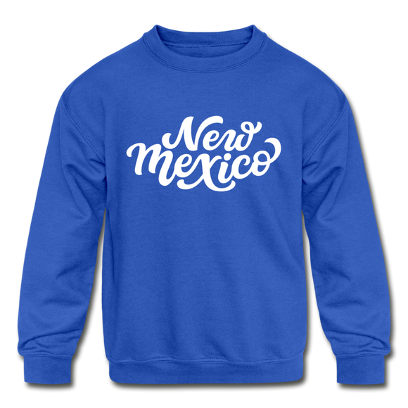 New Mexico Youth Sweatshirt - Hand Lettered Youth New Mexico Crewneck Sweatshirt - royal blue