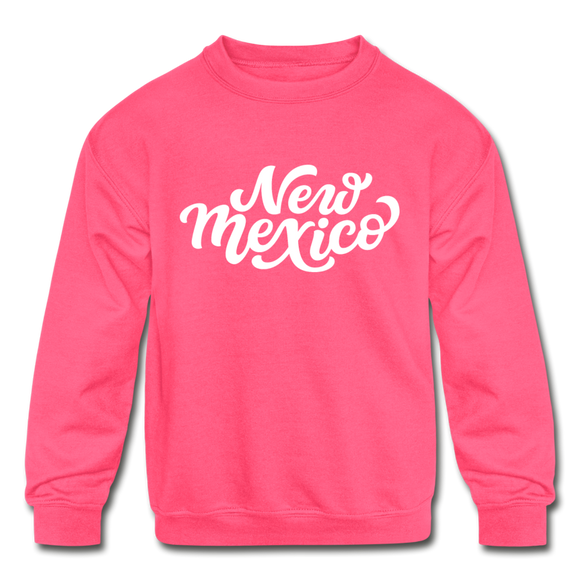 New Mexico Youth Sweatshirt - Hand Lettered Youth New Mexico Crewneck Sweatshirt - neon pink
