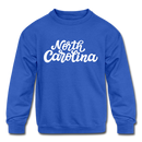 North Carolina Youth Sweatshirt - Hand Lettered Youth North Carolina Crewneck Sweatshirt - royal blue