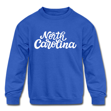 North Carolina Youth Sweatshirt - Hand Lettered Youth North Carolina Crewneck Sweatshirt - royal blue