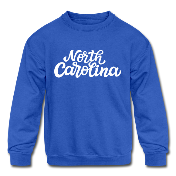 North Carolina Youth Sweatshirt - Hand Lettered Youth North Carolina Crewneck Sweatshirt - royal blue