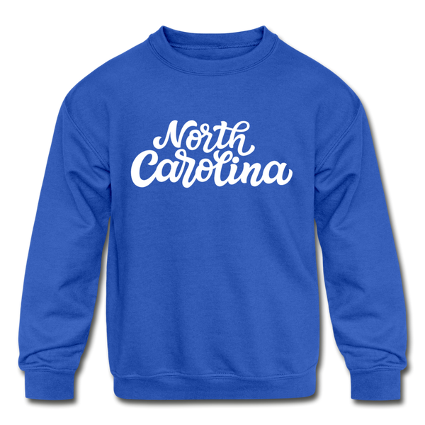 North Carolina Youth Sweatshirt - Hand Lettered Youth North Carolina Crewneck Sweatshirt - royal blue
