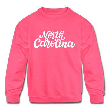 North Carolina Youth Sweatshirt - Hand Lettered Youth North Carolina Crewneck Sweatshirt - neon pink