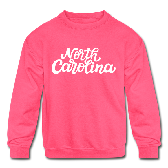 North Carolina Youth Sweatshirt - Hand Lettered Youth North Carolina Crewneck Sweatshirt - neon pink