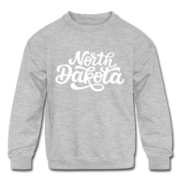 North Dakota Youth Sweatshirt - Hand Lettered Youth North Dakota Crewneck Sweatshirt - heather gray