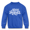 North Dakota Youth Sweatshirt - Hand Lettered Youth North Dakota Crewneck Sweatshirt - royal blue