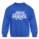 North Dakota Youth Sweatshirt - Hand Lettered Youth North Dakota Crewneck Sweatshirt - royal blue