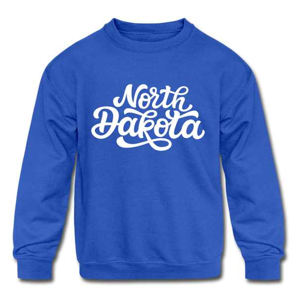North Dakota Youth Sweatshirt - Hand Lettered Youth North Dakota Crewneck Sweatshirt - royal blue