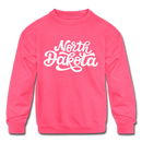 North Dakota Youth Sweatshirt - Hand Lettered Youth North Dakota Crewneck Sweatshirt - neon pink
