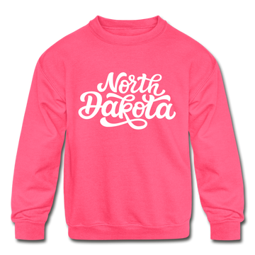 North Dakota Youth Sweatshirt - Hand Lettered Youth North Dakota Crewneck Sweatshirt - neon pink