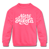 North Dakota Youth Sweatshirt - Hand Lettered Youth North Dakota Crewneck Sweatshirt - neon pink