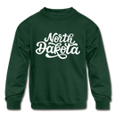 North Dakota Youth Sweatshirt - Hand Lettered Youth North Dakota Crewneck Sweatshirt - forest green