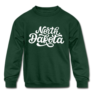 North Dakota Youth Sweatshirt - Hand Lettered Youth North Dakota Crewneck Sweatshirt - forest green