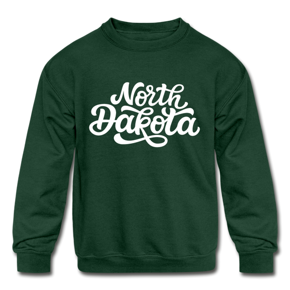 North Dakota Youth Sweatshirt - Hand Lettered Youth North Dakota Crewneck Sweatshirt - forest green